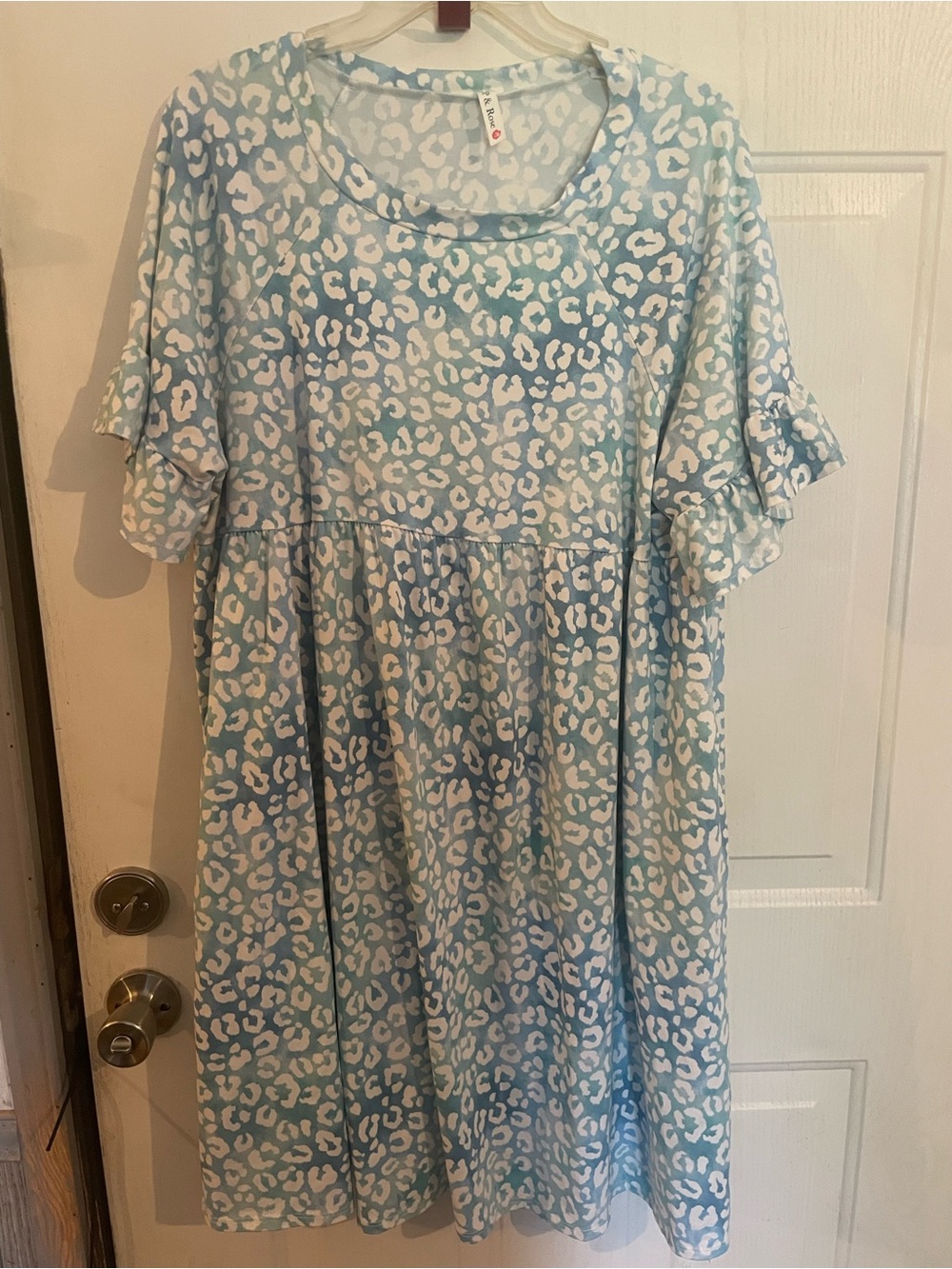 P & Rose Light Blue Leopard-Print Ruffle-Sleeve Midi Dress